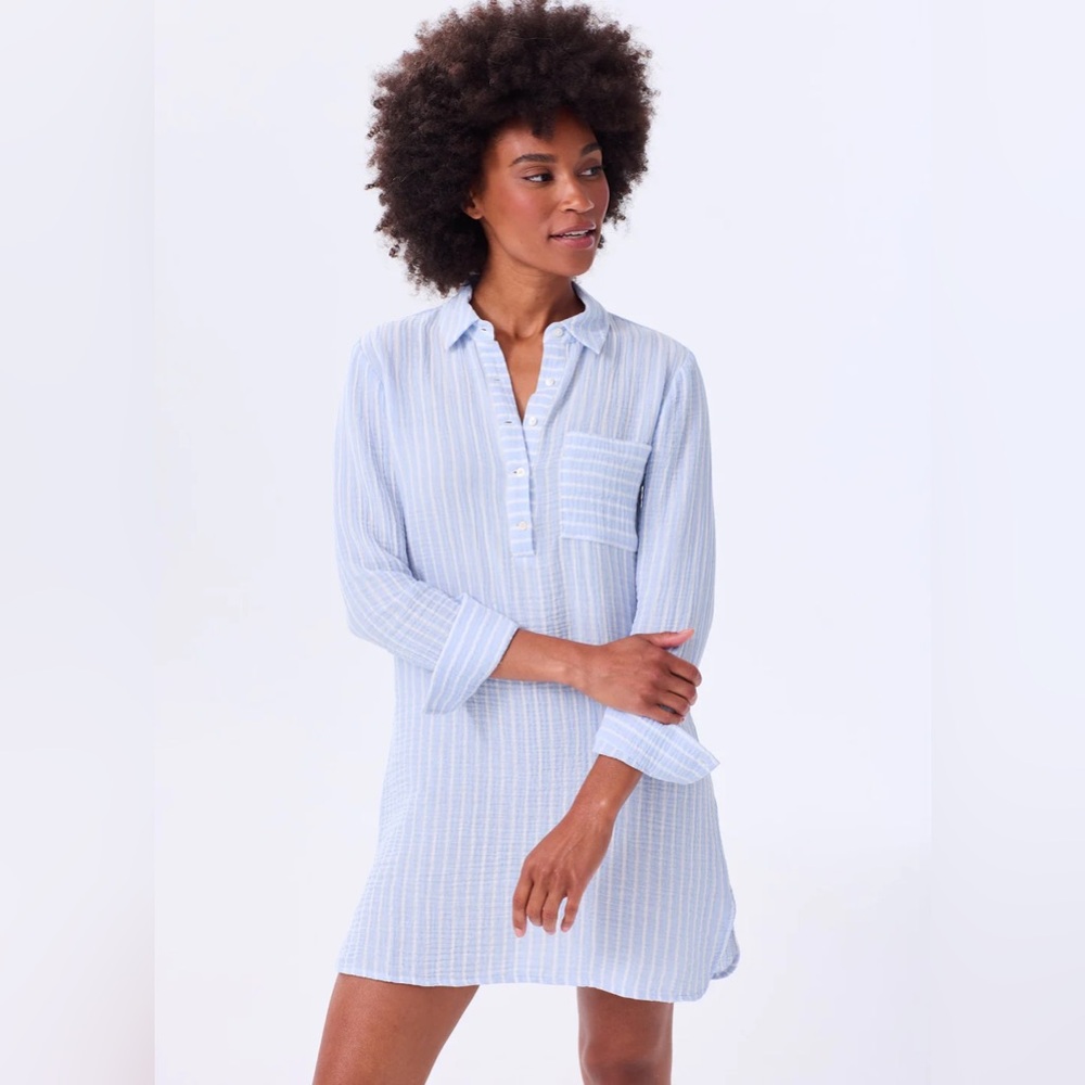 Alice Walk Organic Cotton Gauze Shirt Dress Blue White Stripe